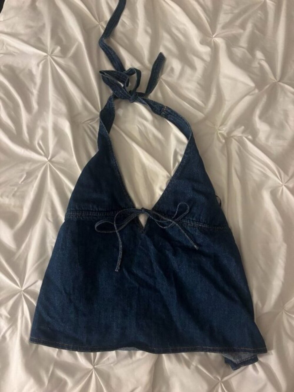 Edikted Denim Halter Top | Dark Wash Open Back Tie Top - Picture 2 of 3